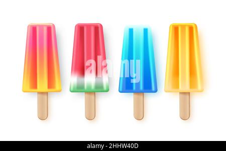 Popsicles element vector set design. 3d popsicle desserts with sweet and fruity flavor isolated in white background for summer yummy treats. Stock Vector