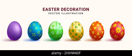 Easter eggs vector set design. 3d colorful eggs collection in festive patterns and prints for easter holiday egg hunt realistic decoration. Stock Vector