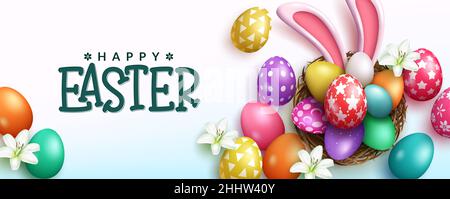 Easter season vector background design. Happy easter text with 3d colorful eggs and bunny ears in basket nest decoration for playful egg hunt. Stock Vector