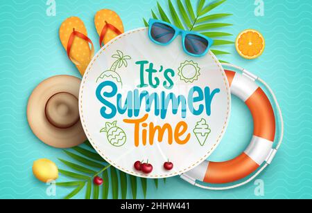Summer time vector template design. It's summer time text in circle shape space template with floating tropical season objects for holiday season. Stock Vector