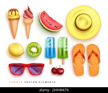 Summer elements vector set design. 3d realistic summer objects of ice cream, fruits, hat and flip flop isolated in white background for tropical. Stock Vector