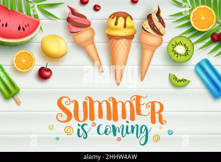 Summer vector background design. Summer is coming time text with ice cream sweets, popsicles and fruits desserts element for tropical season holiday. Stock Vector