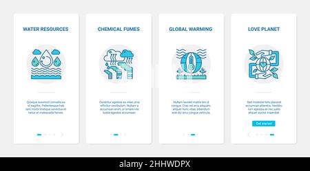 Industry, ecological problem vector illustration. UX, UI onboarding mobile app page screen set with line industrial influence on ecology, love for pla Stock Vector