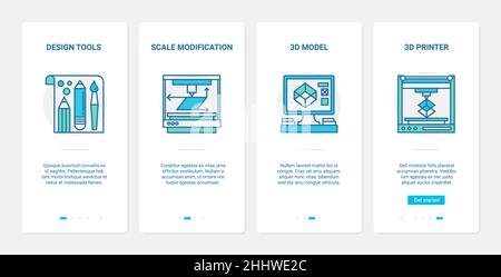 Design equipment vector illustration. UX, UI onboarding mobile app page screen set with line designer tools and printery device 3d printer offset mach Stock Vector