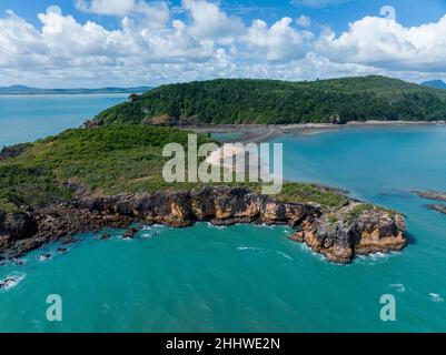 Scenic drone aerial of Wedge Island and Andrews Point Walking Track Cape Hillsborough, Queensland, Australia Stock Photo