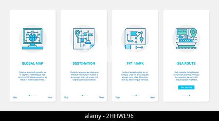 Gps navigation global service vector illustration. UX, UI onboarding mobile app page screen set with line transportation technology to set geo locatio Stock Vector