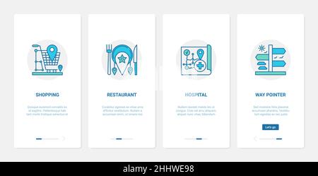 Gps navigation service technology vector illustration. UX, UI onboarding mobile app page screen set with line arrow navigator pointer to navigate on w Stock Vector