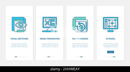 3d model file processing design vector illustration. UX, UI onboarding mobile app page screen tech set with line process of document preparation, visu Stock Vector