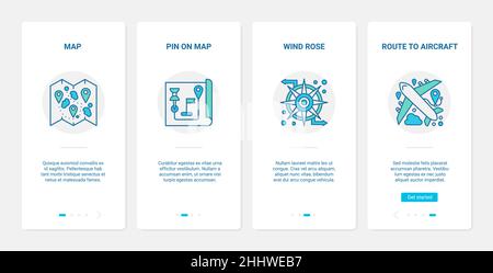 Gps navigation service vector illustration. UX, UI onboarding mobile app page screen set with line pointer pin route on navigator map for car or plane Stock Vector