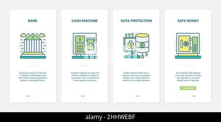 Finance banking protection vector illustration. UX, UI onboarding mobile app page screen set with line safe financial technology to protect money and Stock Vector