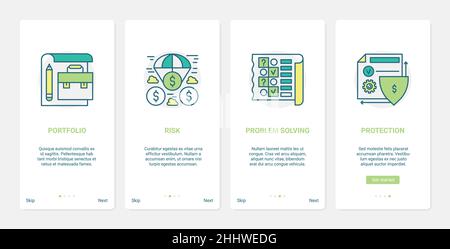 Finance problem solving technology vector illustration. UX, UI onboarding mobile app page screen set with line financial risk stability shield protect Stock Vector