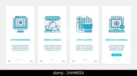 3d medicine healthcare technology vector illustration. UX, UI onboarding mobile app page screen set with line tech medical modern innovation for denti Stock Vector