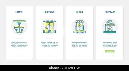Home or office furniture vector illustration. UX, UI onboarding mobile app page screen set with line furnishing collection for living room interior de Stock Vector