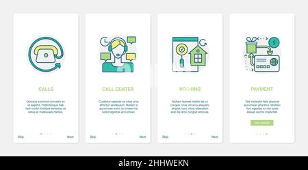 Online commerce, call center customer service vector illustration. UX, UI onboarding mobile app page screen set with line booking symbol, payment to b Stock Vector