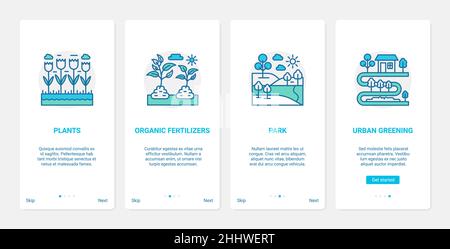 Urban ecosystem ecological technology vector illustration. UX, UI onboarding mobile app page screen set with line ecology of park forest plants symbol Stock Vector