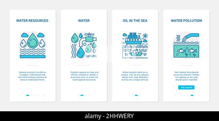 Eco water pollution problem vector illustration. UX, UI onboarding mobile app page screen set with line water resources symbol, oil spill in sea or oc Stock Vector