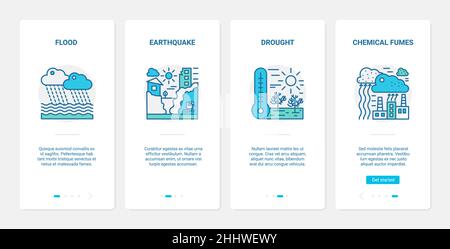 Eco environment problem, disaster ecocatastrophe vector illustration. UX, UI onboarding mobile app page screen set with line nature ecology catastroph Stock Vector