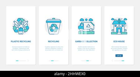 Waste management, recycling technology to save ecology vector illustration. UX, UI onboarding mobile app page screen set with line recycle plastic gar Stock Vector