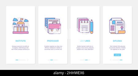 Higher education study vector illustration. UX, UI onboarding mobile app page screen set with line college institute or university knowledge, studying Stock Vector