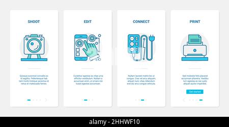 Photography electronic devices vector illustration. UX, UI onboarding mobile app page screen set with line shoot edit connect print actions, photo sho Stock Vector