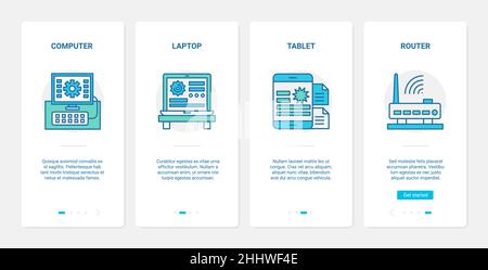 Electronic smart devices technology vector illustration. UX, UI onboarding mobile app page screen tech set with line digital gadgets, computer laptop Stock Vector