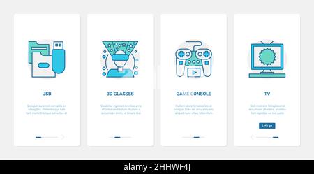 Electronic media devices, entertainment vector illustration. UX, UI onboarding mobile app page screen set with line virtual reality 3d glasses for vr Stock Vector