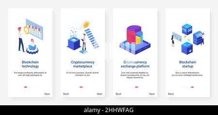 Isometric blockchain cryptocurrency startup technology vector illustration. UX, UI onboarding mobile app page screen set with cartoon 3d starting of c Stock Vector