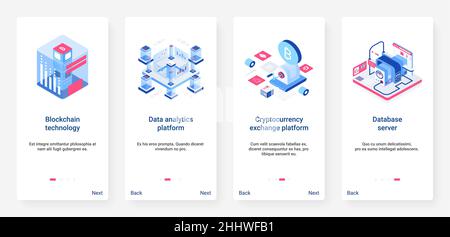 Isometric blockchain cryptocurrency technology vector illustration. UX, UI onboarding mobile app page screen set with cartoon 3d crypto currency minin Stock Vector