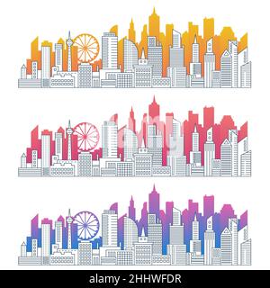 Modern cityscape outline color gradient silhouettes set Stock Vector