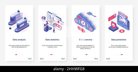 Isometric data analysis, storage and protection technology vector illustration. UX, UI onboarding mobile app page screen set with cartoon 3d dashboard Stock Vector