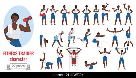 Fitness sport trainer man poses vector illustration set. Cartoon young sportive male character in sportswear holding dumbbells, posing in different ex Stock Vector