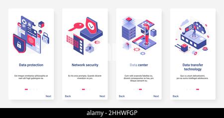 Isometric data protection, network security technology vector illustration. UX, UI onboarding mobile app page screen set with cartoon 3d personal priv Stock Vector
