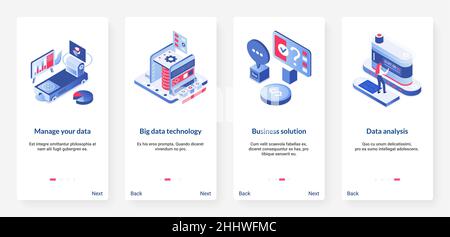 Big data management, digital technology isometric vector illustration. UX, UI onboarding mobile app page screen set with cartoon 3d data storage machi Stock Vector