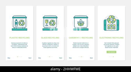 Zero waste, eco garbage recycling technology to save ecology vector illustration. UX, UI onboarding mobile app page screen set with line recycle plast Stock Vector