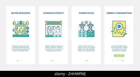 Eco energy production technology vector illustration. UX, UI onboarding mobile app page screen environment set with line power consumption management, Stock Vector