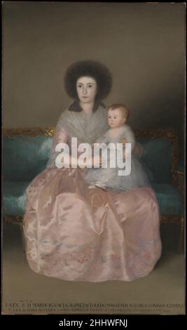 Condesa de Altamira and Her Daughter, María Agustina 1787–88 Goya (Francisco de Goya y Lucientes) Spanish This imposing portrait is one of four that Goya painted of members of Count Altamira's family. (Another is the Museum's portrait of Don Manuel Osorio Manrique de Zuñiga [49.7.41].) The patronage of this powerful family greatly advanced the artist's career; shortly after this work was completed, he was appointed court painter to Charles IV, king of Spain. Goya's brilliant treatment of the countess' gown, with its shimmering embroidered silk, attests to his mastery of technique, while the di Stock Photo