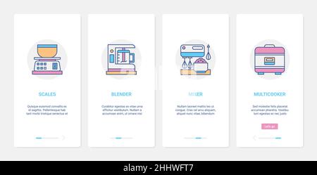 Kitchen electrical home appliances for cooking vector illustration. UX, UI onboarding mobile app page screen set with line modern chef cooker equipmen Stock Vector