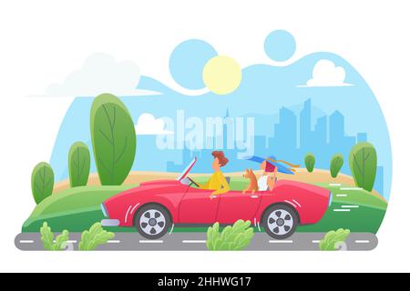 Couple with dog in red cabriolet car traveling, family road trip on weekend Stock Vector