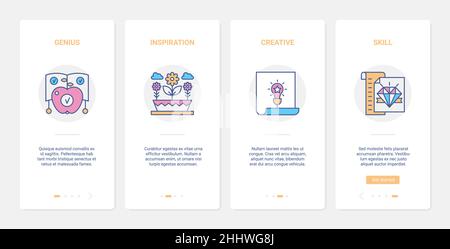 Business creativity idea concept vector illustration. UX, UI onboarding mobile app page screen set with line talent genius inspiration, creative skill Stock Vector