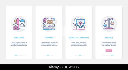 Human head profile, emotions and thinking balance concept vector illustration. UX, UI onboarding mobile app page screen set with line emotional immuni Stock Vector