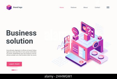 Business solution concept isometric vector illustration. Cartoon 3d successful business idea production, startup to make profit growth, money coins on Stock Vector
