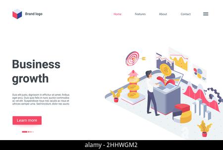 Business growth concept isometric vector illustration. Cartoon businessman character growing money cash plant with coins in pot, working to make finan Stock Vector