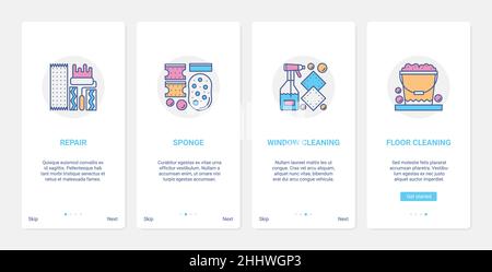 Cleaning accessories tools vector illustration. UX, UI onboarding mobile app page screen set with line general cleaning and repair housekeeping equipm Stock Vector