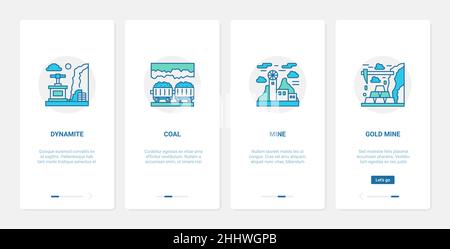 Coal gold mining industry vector illustration. UX, UI onboarding mobile app page screen set with line mine, industrial extraction of minerals in under Stock Vector