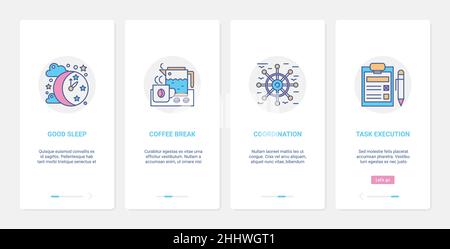 Business management, time coordination execution concept vector illustration. UX, UI onboarding mobile app page screen set with line coordinating task Stock Vector