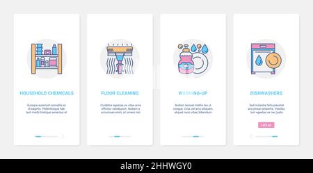 Household service products, cleaning equipment vector illustration. UX, UI onboarding mobile app page screen set with line housework chemicals mop too Stock Vector