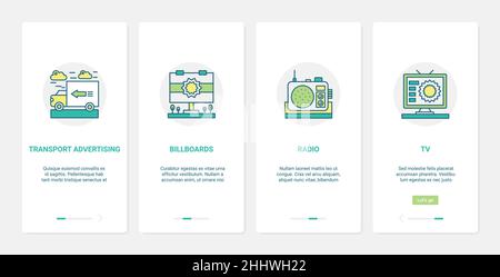 Mass media advertising technology vector illustration. UX, UI onboarding mobile app page screen set with line radio tv advertising on transport billbo Stock Vector