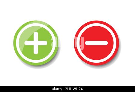 Green plus and red minus flat vector icons.Circle symbols add and delete button signs for vote, decision, web, logo, app, UI. illustration Stock Vector