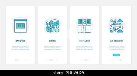 Delivery post service, cargo shipping vector illustration. UX, UI onboarding mobile app page screen set with line barcode, postal box container parcel Stock Vector