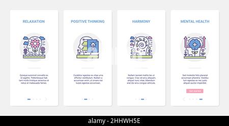 Mental health, stress or depression prevention vector illustration. UX, UI onboarding mobile app page screen set of line abstract human head with harm Stock Vector